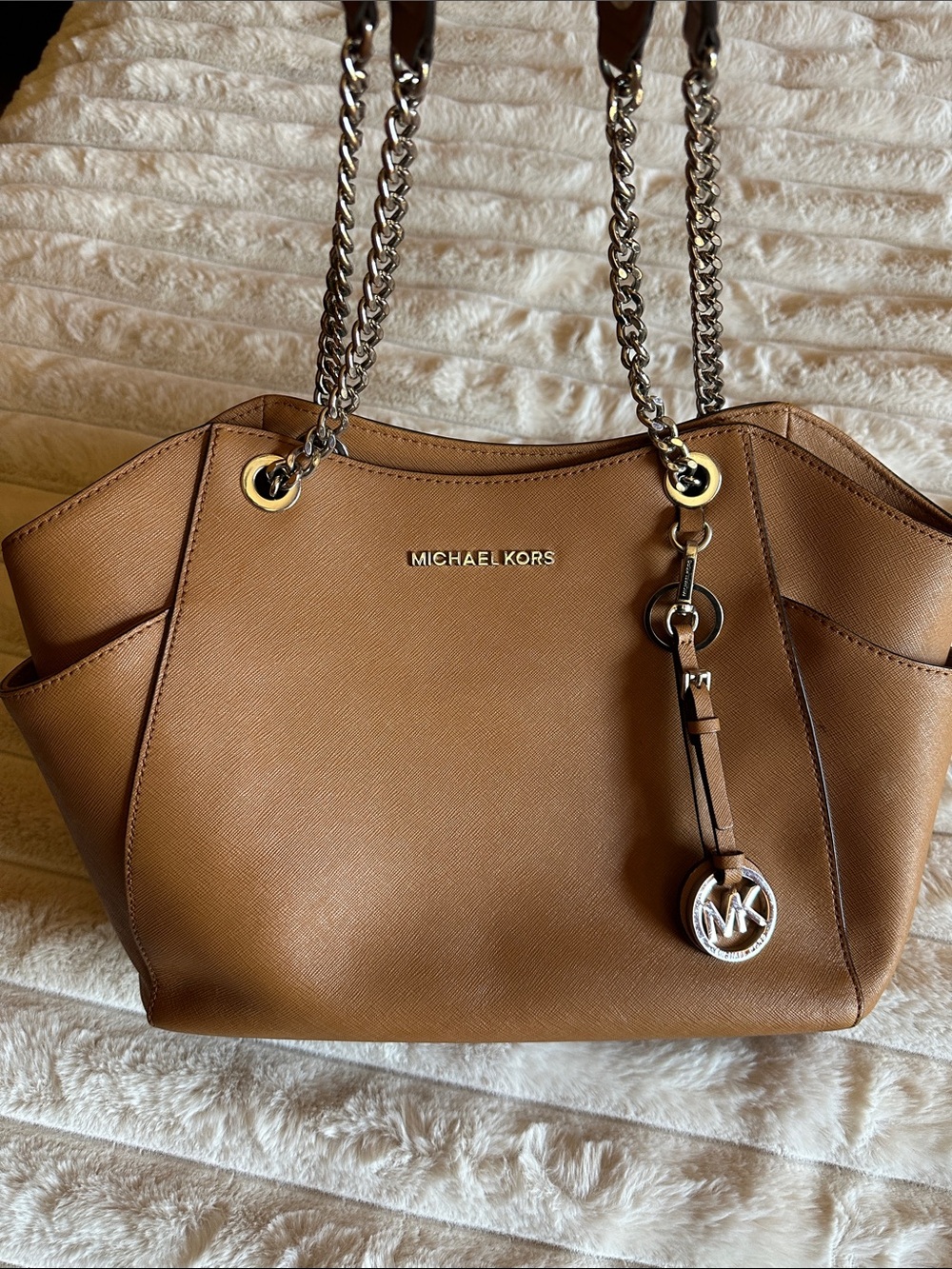 Michael Kors Brown Saffiano Leather Tote with Chain-Strap Detail